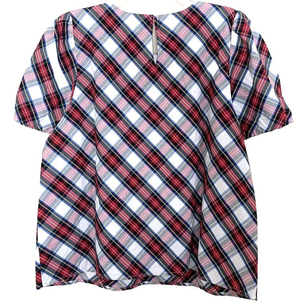 J. Crew Stewart Plaid Tartan Top Blouse Shirt XL Short Puff Sleeve BV626 Office